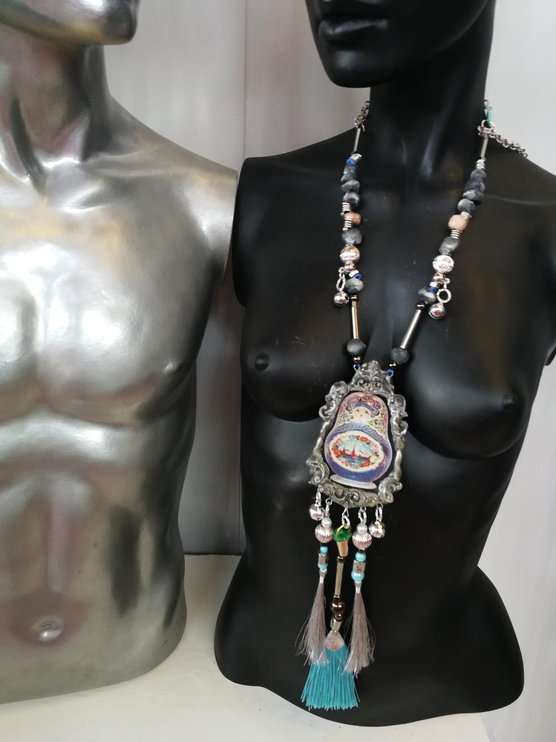 Matryoshka Dolls, Sculpture Statement Jewelry, Big Bold Chunky Necklace Traditional Folk Pendant Russian Folkloric