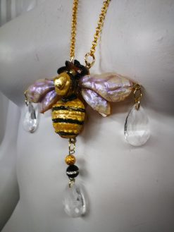 Queen Bee Jewelry, Gold Bumble Honey Pendant, Sculptural Insect Necklace Charm Drop Bead Crystals