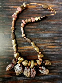 Beaded Necklaces, Boho Jewelry Earth Tone Bib, Chunky Handmade Stone Jewelry, Brutalist Pendant Charm