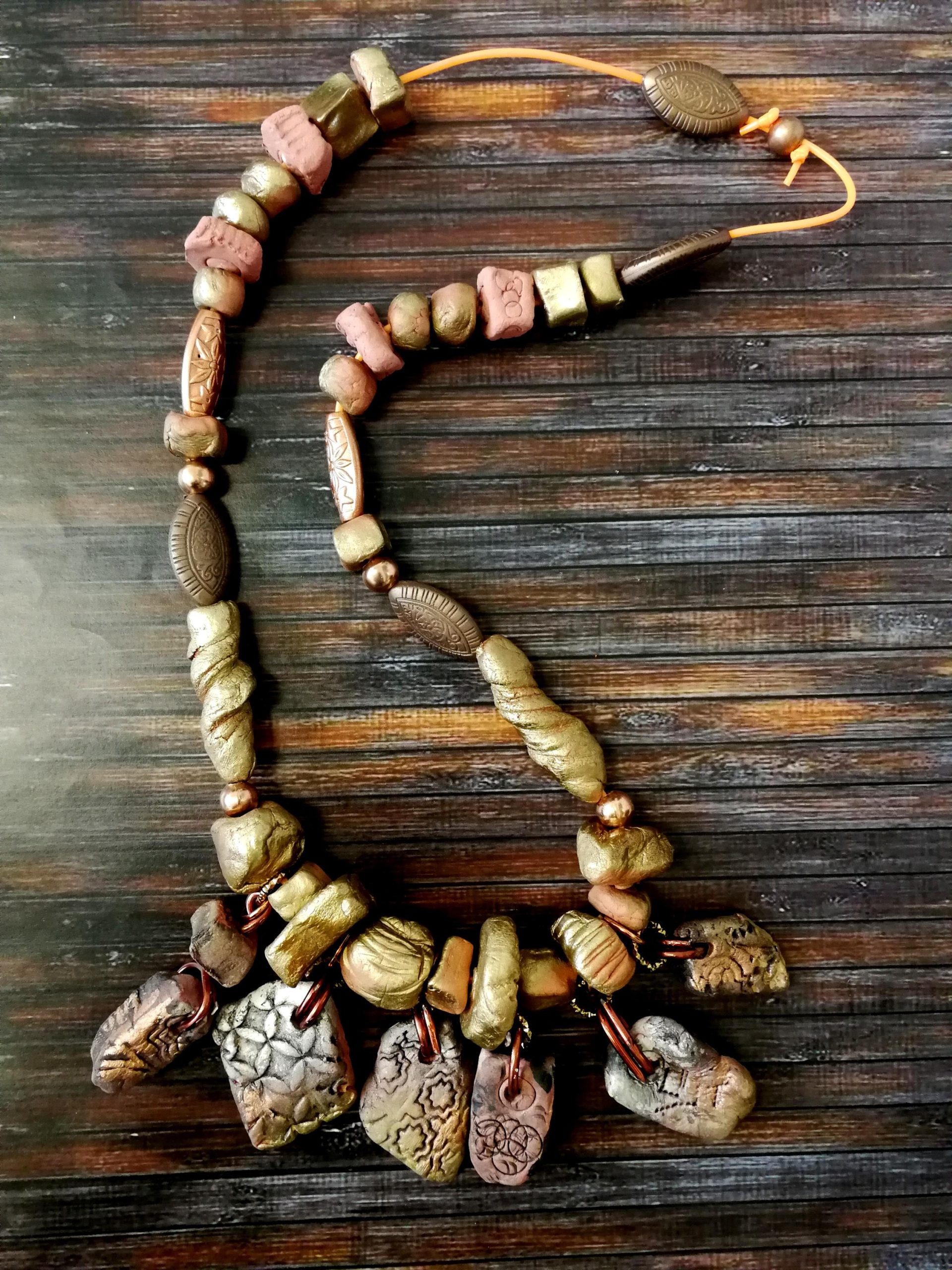 Beaded Necklaces, Boho Jewelry Earth Tone Bib, Chunky Handmade Stone Jewelry, Brutalist Pendant Charm