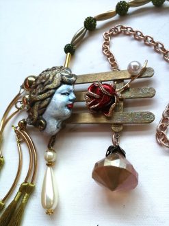 Belle Epoque Jewelry, Statement Doll Head Sculpture Pendant Charleston, Golden Age Liberty Flower Charm