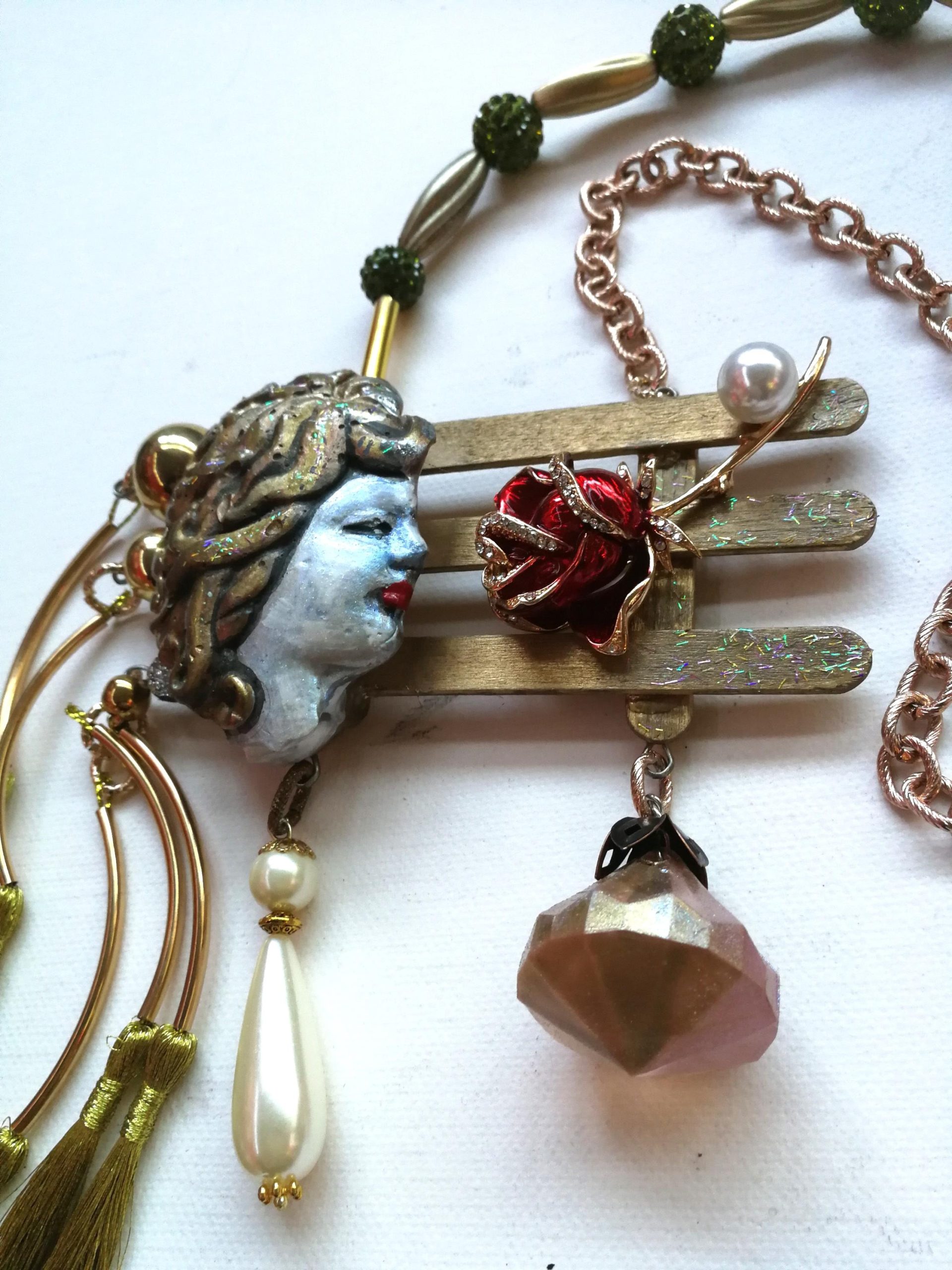 Belle Epoque Jewelry, Statement Doll Head Sculpture Pendant Charleston, Golden Age Liberty Flower Charm