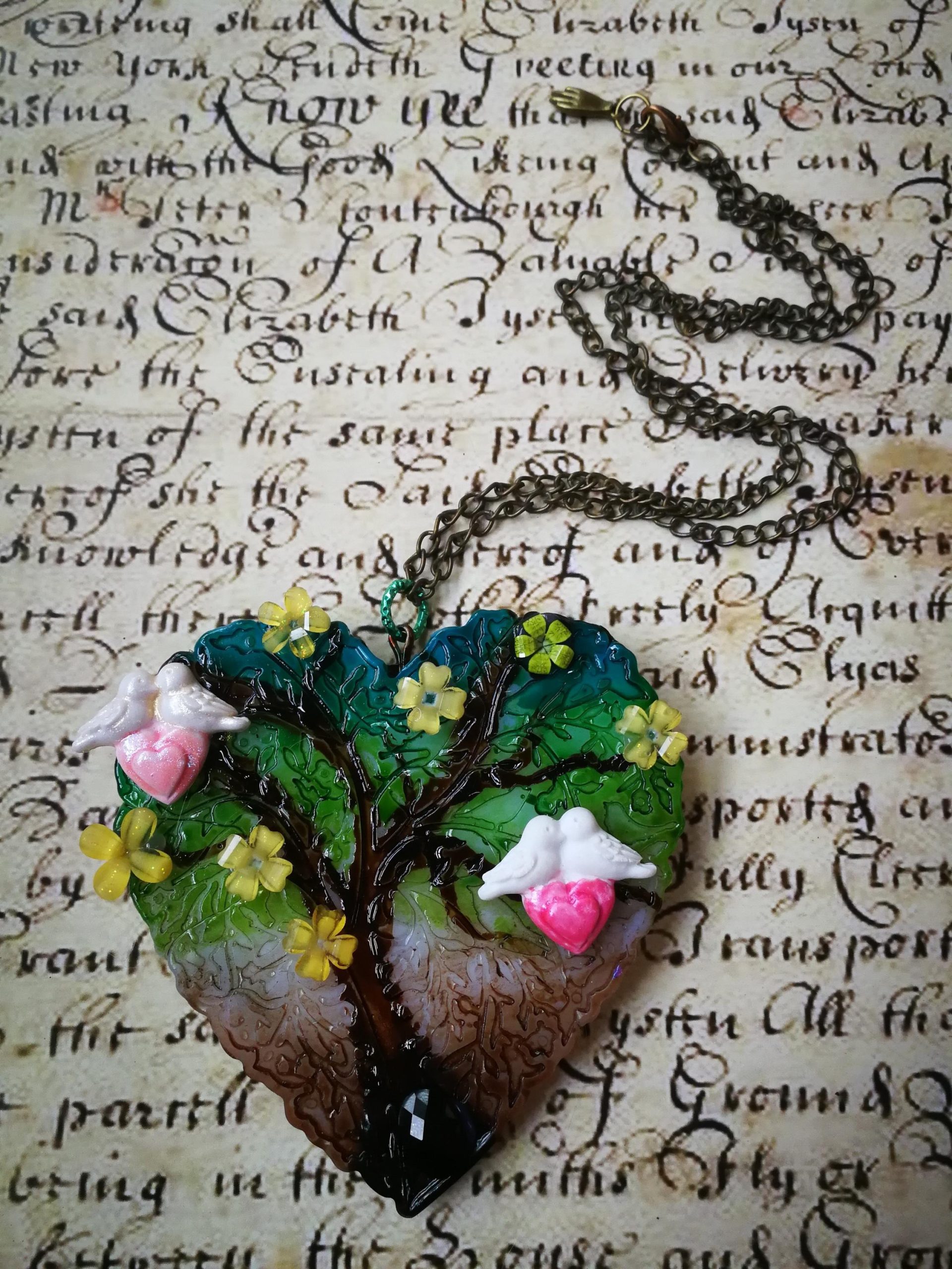 Tree of Life Necklace, Belle Epoque Jewelry, Art Nouveau Heart Sculpture Pendant Love Bird Yggdrasil