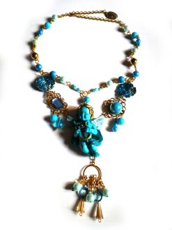 Baroque Jewelry, Guardian Angel Winged Archangel Pendant, Rococo Necklace Turquoise Jewellery, Celestial Charm Cherubim