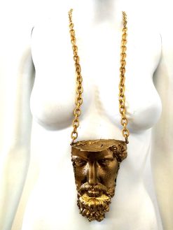 Antique Greek Statue, Head Face Portrait Sculpture Necklace, Pendant Chunky Jewelry Statement Brutalist Chain