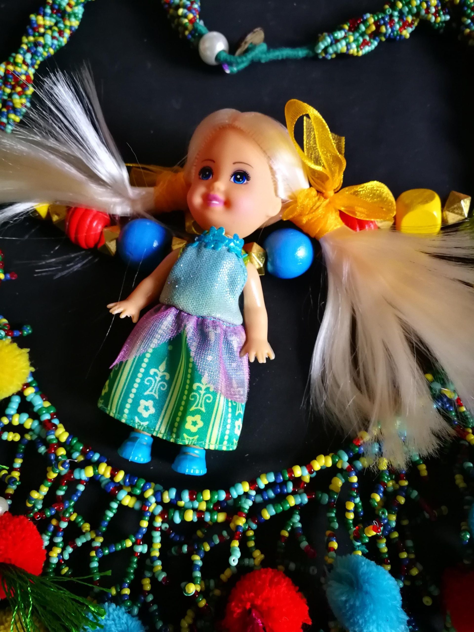 Designer Jewelry, Chunky Necklace Charm Pendant, Extravagant Boho Doll Folk Collar Bib Folkloric Assemblage