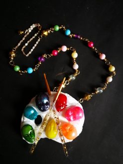 Artist Palette Jewelry, Painter Sculpture Pendant Rainbow Beaded, Doll Head Face Chunky Statement Necklace