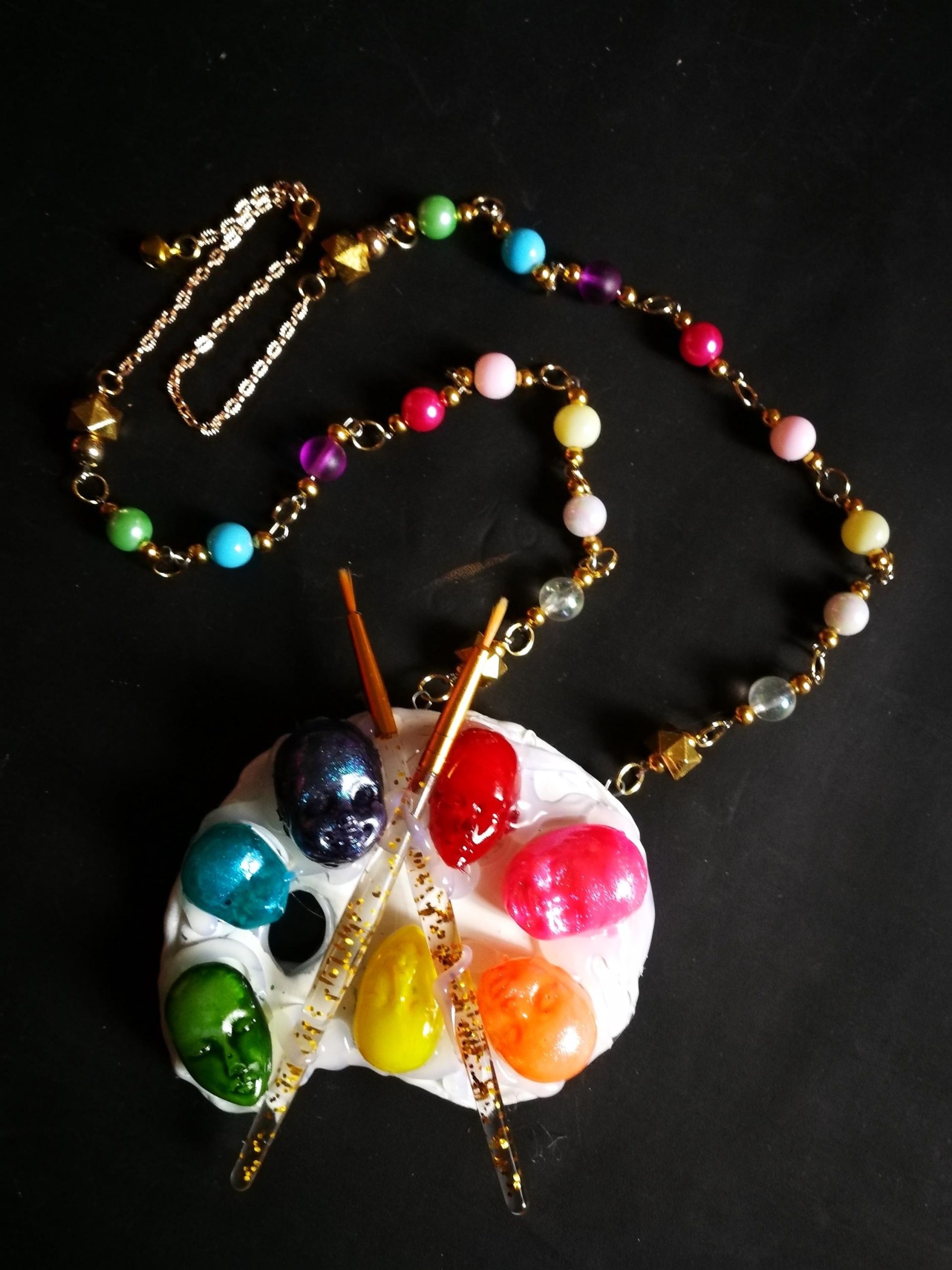 Artist Palette Jewelry, Painter Sculpture Pendant Rainbow Beaded, Doll Head Face Chunky Statement Necklace