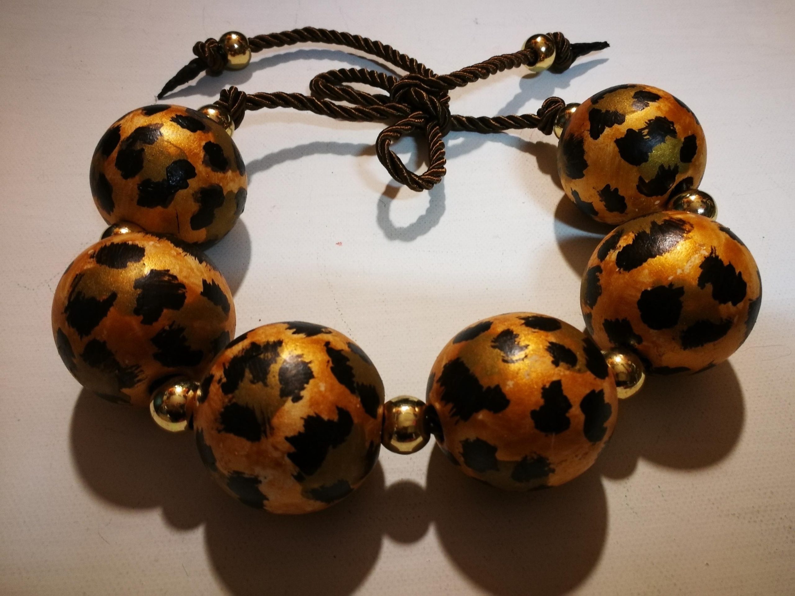 Oversized Necklace Hand Painted Leopard Orb Beaded Statement OOAK Haute Couture Jewelry Sculptured Wild