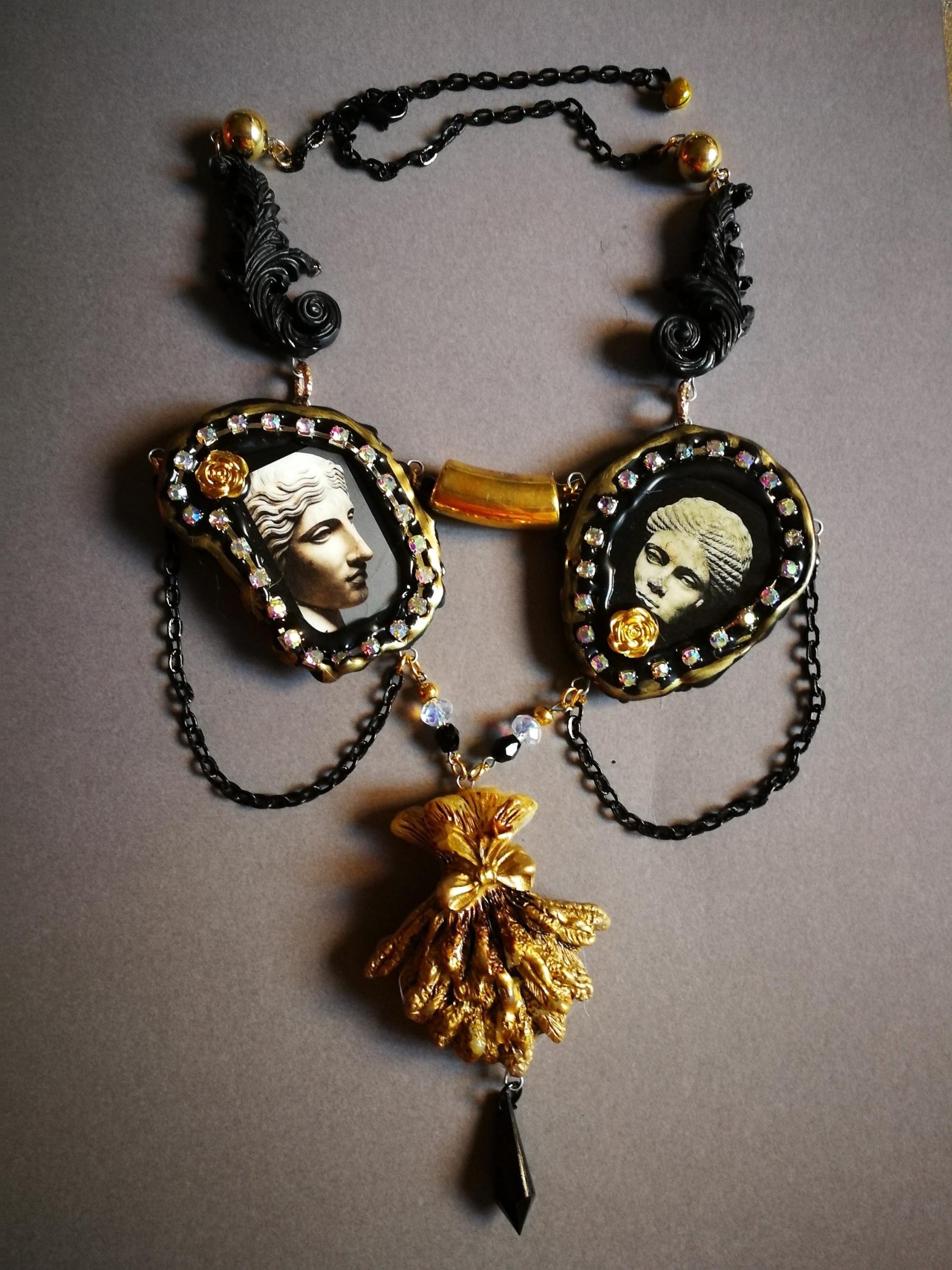 Greek Statue, Baroque Sicilian Massive Necklace, Rococo Pendant Assemblage, Luxury Jewelry Greece Antique