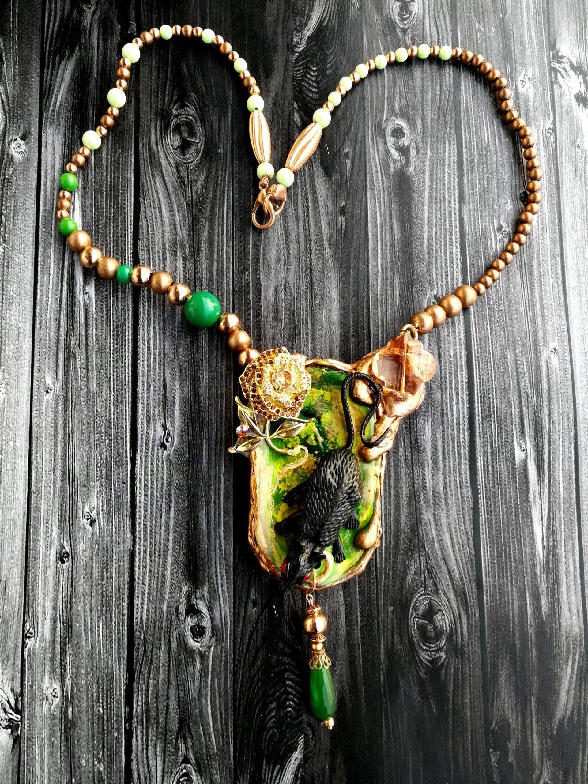 Statement Necklace, Animal Nature Pendant Collar, Liberty Jewelry Collier Copper Crystal, Mouse Pearl Gemtones