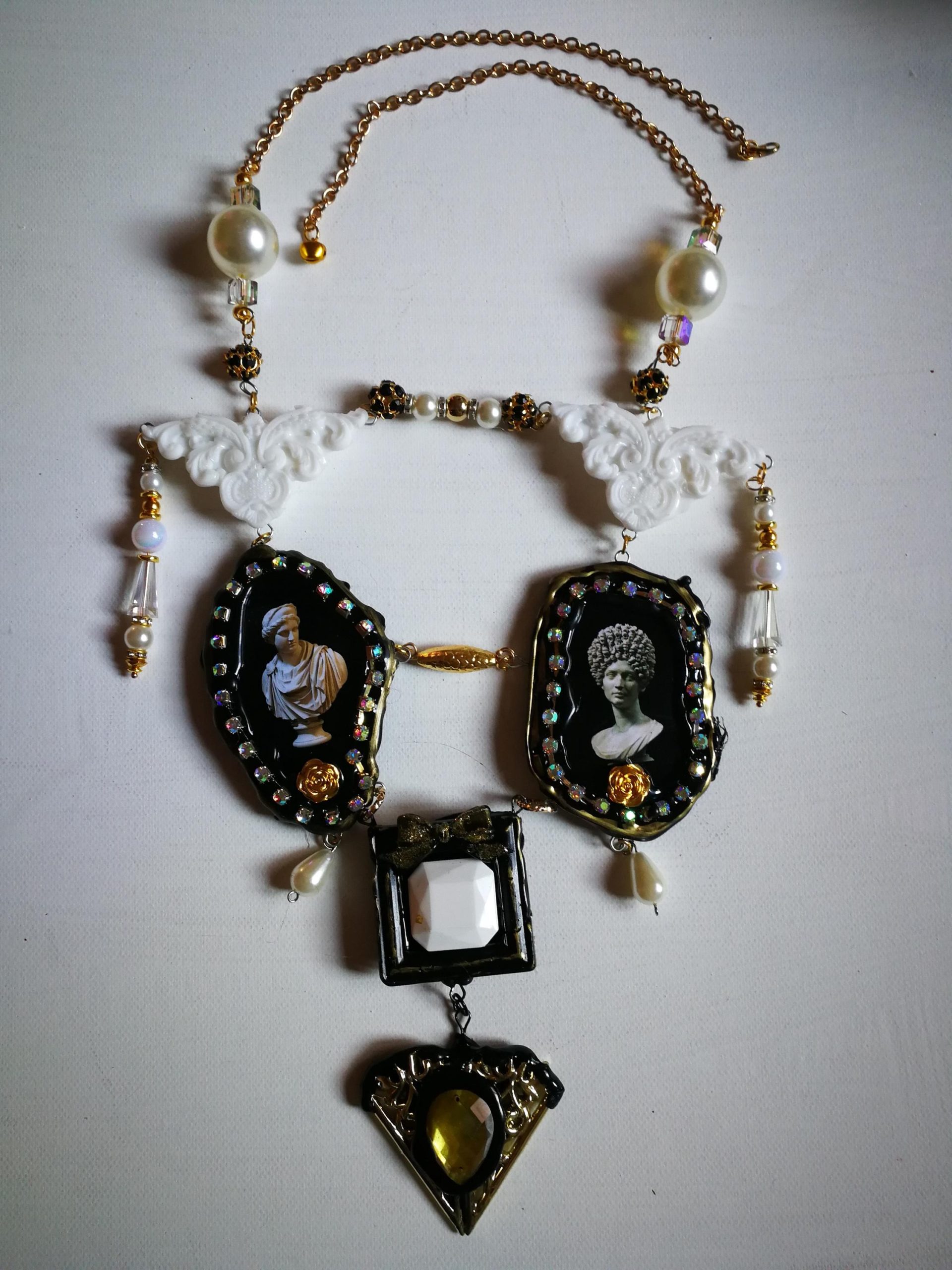 Baroque Necklace, Roman Statue Fine Jewelry, Sculptural & Enamel Rococo Pendant Luxury Filigree Golden Charm