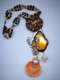 Lobster Jewelry, Statement Choker Necklace, Jasper Raw Stone Gold Mirror Pendant Shell & Pearl Charm