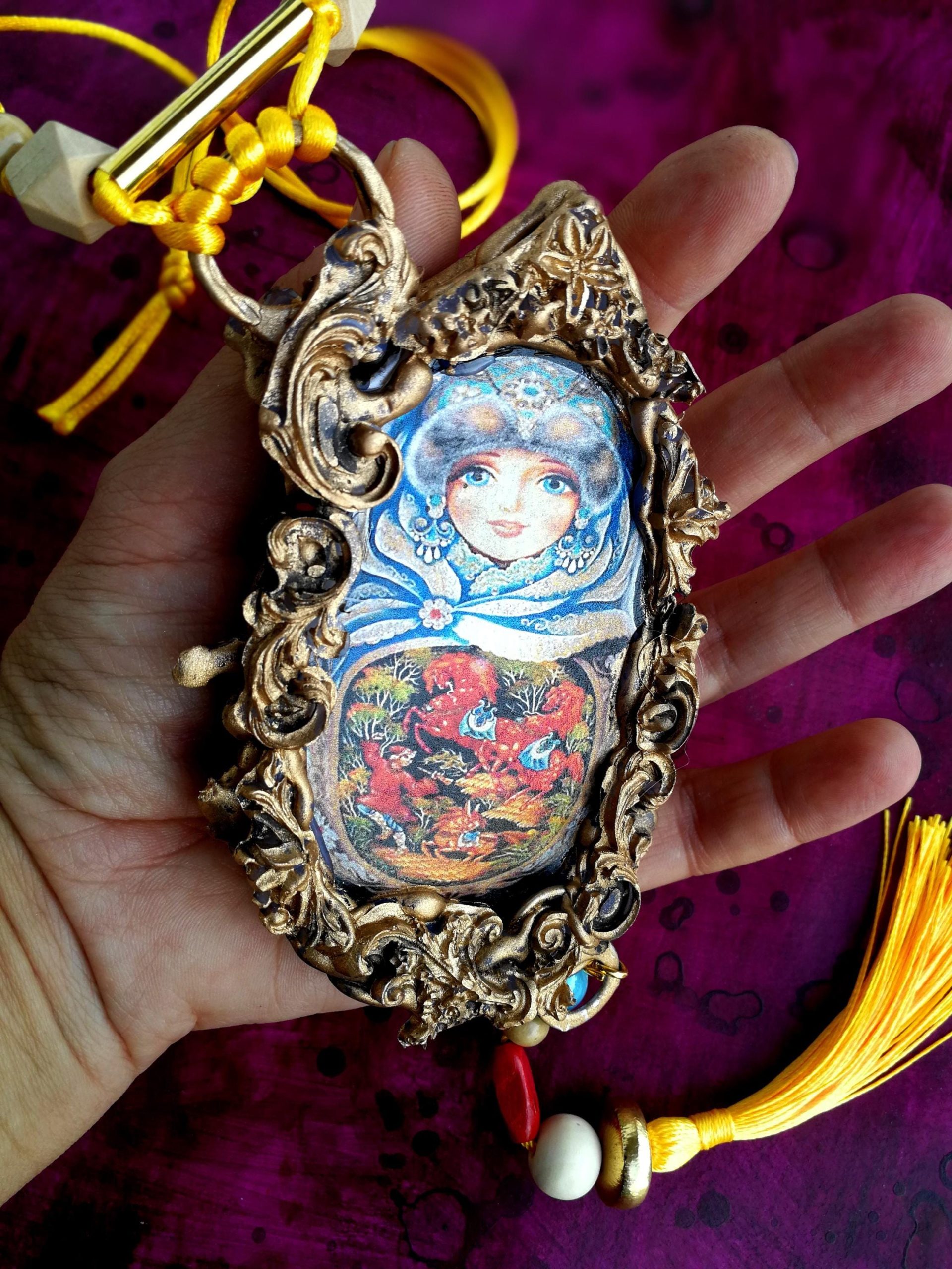 Matryoshka Dolls, Polymer Clay Sculpture Jewelry, Traditional Folk Regional Necklace, Russian Folkloric Pendant Charm