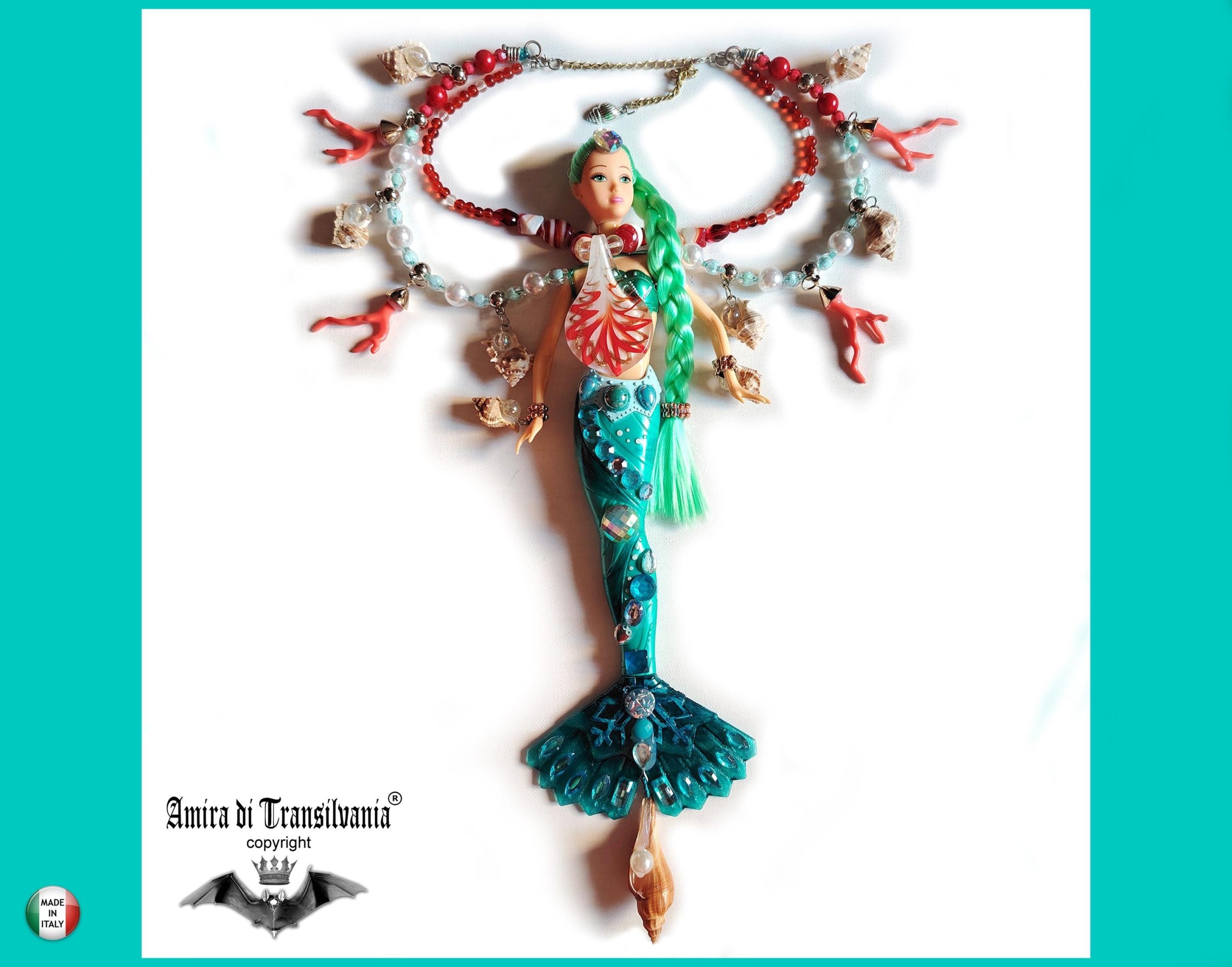 Siren Mermaid, Extravagant Jewelry Futuristic Doll Fish, Bib Pendant Seashell Conch Shell Coral Charm