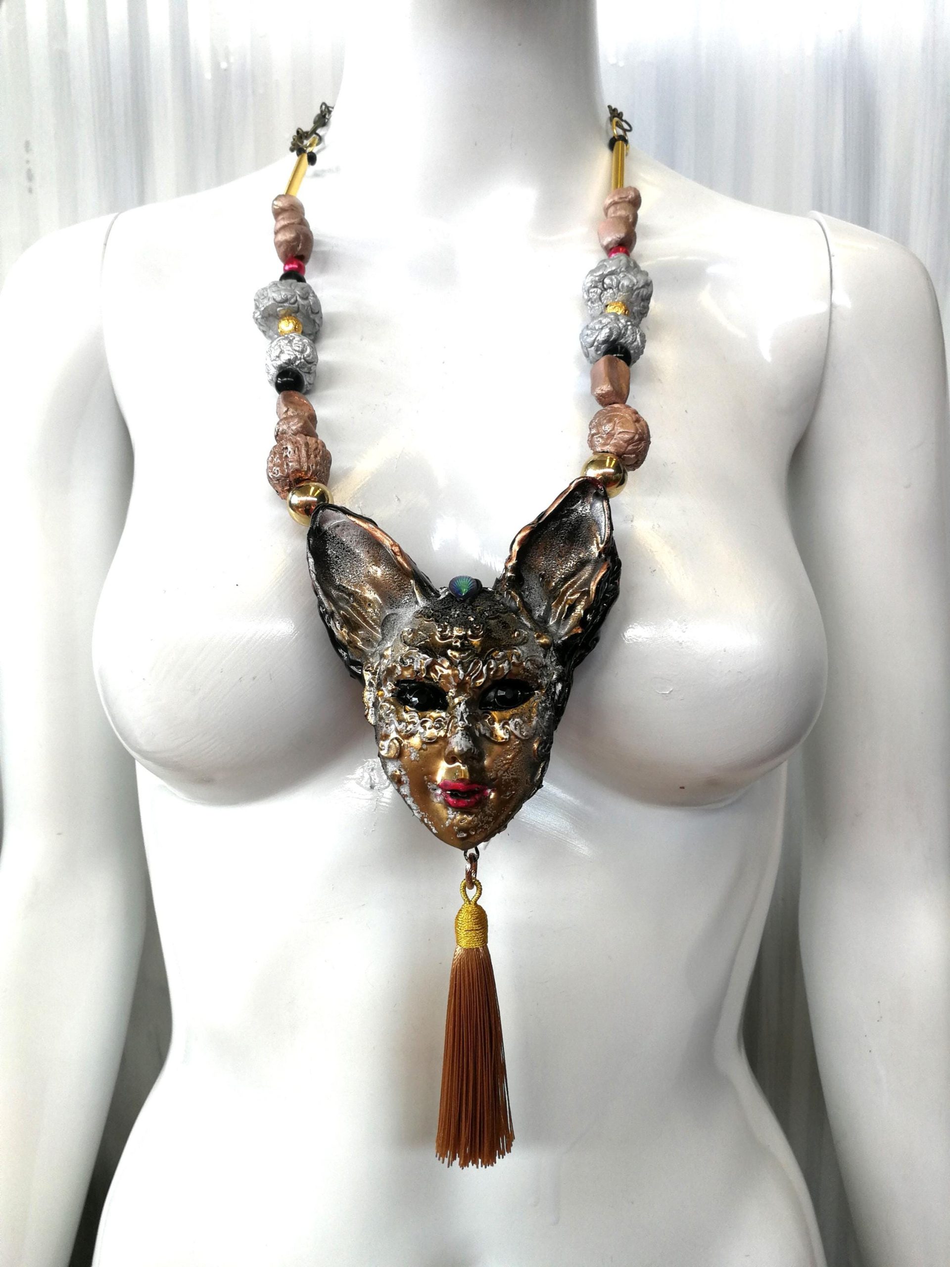 Venetian Mask Costume Jewelry, Cat Pendant Theatre Eye Mask, Luxury Charm Statement Sculptural Necklace