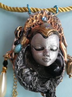 Belle Epoque Jewelry, Liberty Doll & Moon Sculpture Pendant Statement Golden Age Pearl Shell Charm
