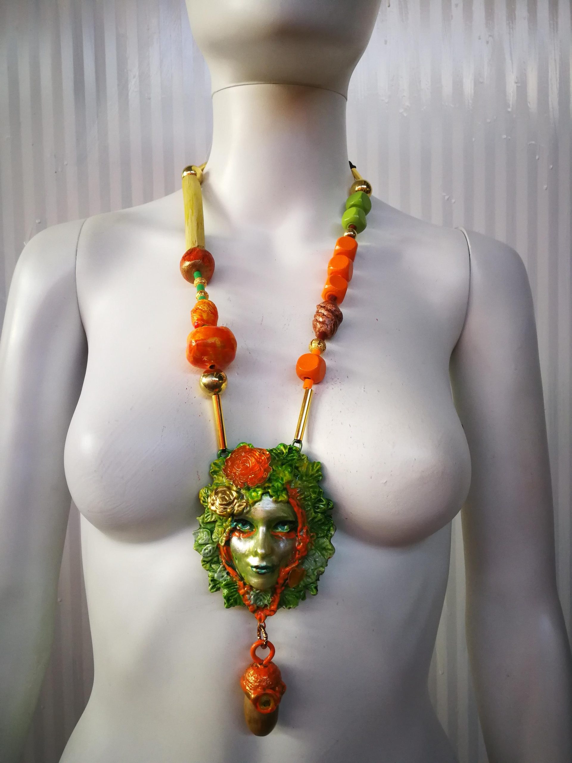 Handmade Forest Spirit Necklace, Green Witch Beaded Charm