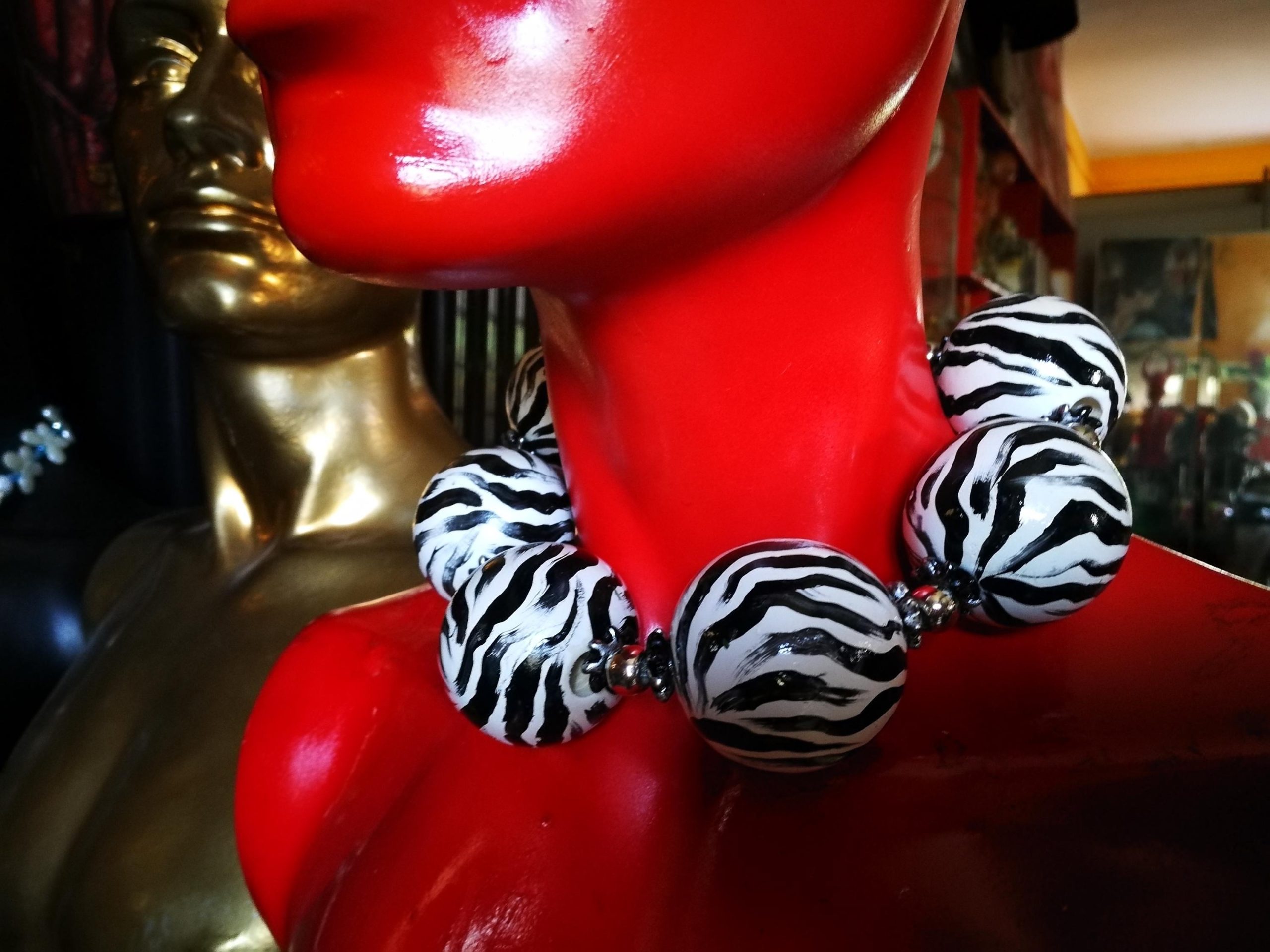 Oversize Beaded Necklace, Hand Painted Zebra Black & White Statement OOAK Couture Jewelry Sculptured Wild
