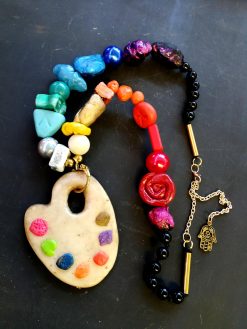 Artist Palette Pendant, Woman Painter Statement Jewelry, Beaded Handmade Sculpture Big Bold Chunky Necklace