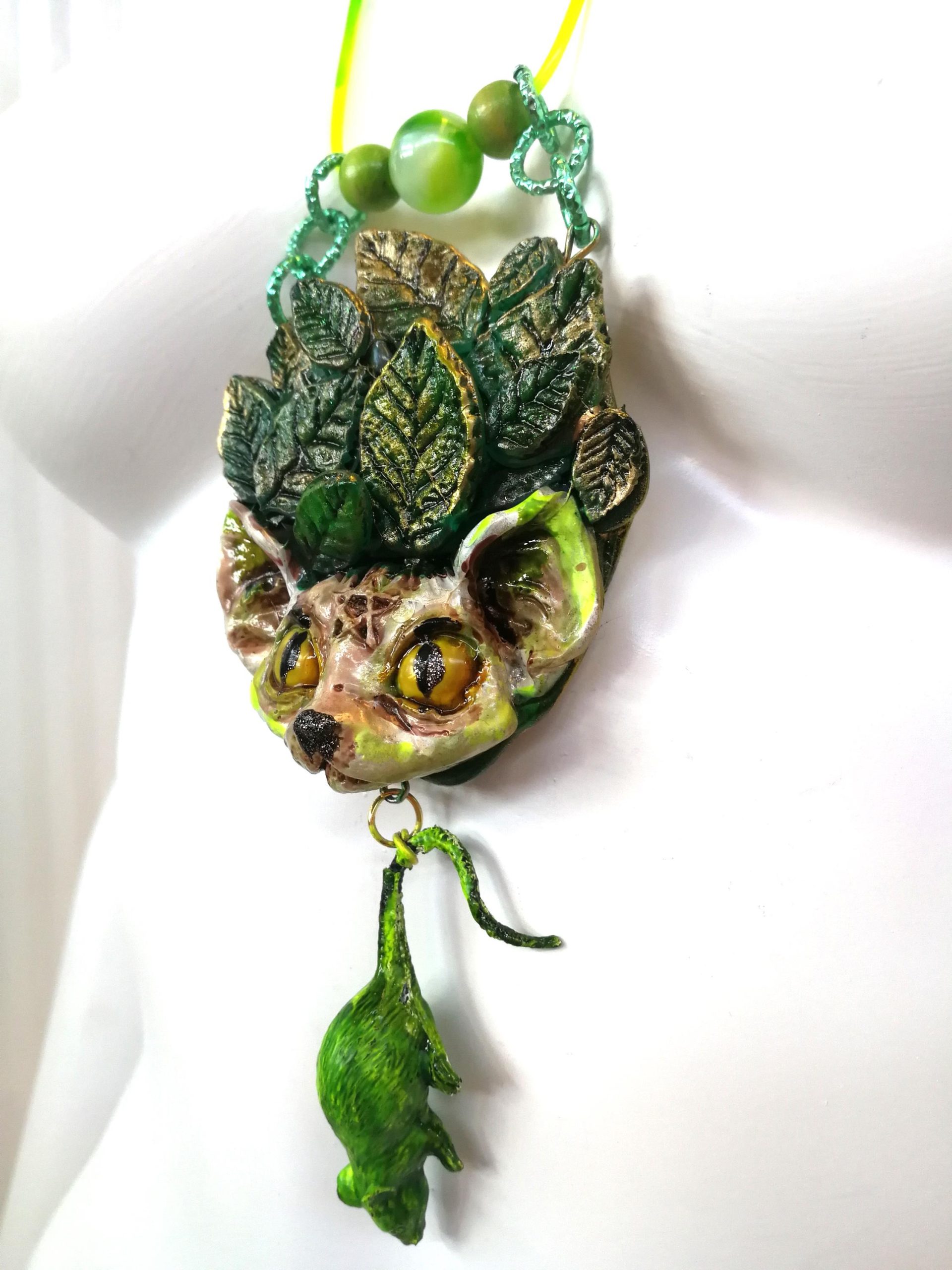 Statement Necklace - Animal Pendant Luxury Art Jewelry - Wild Cat Memorial Totem Sculptural Beaded Design