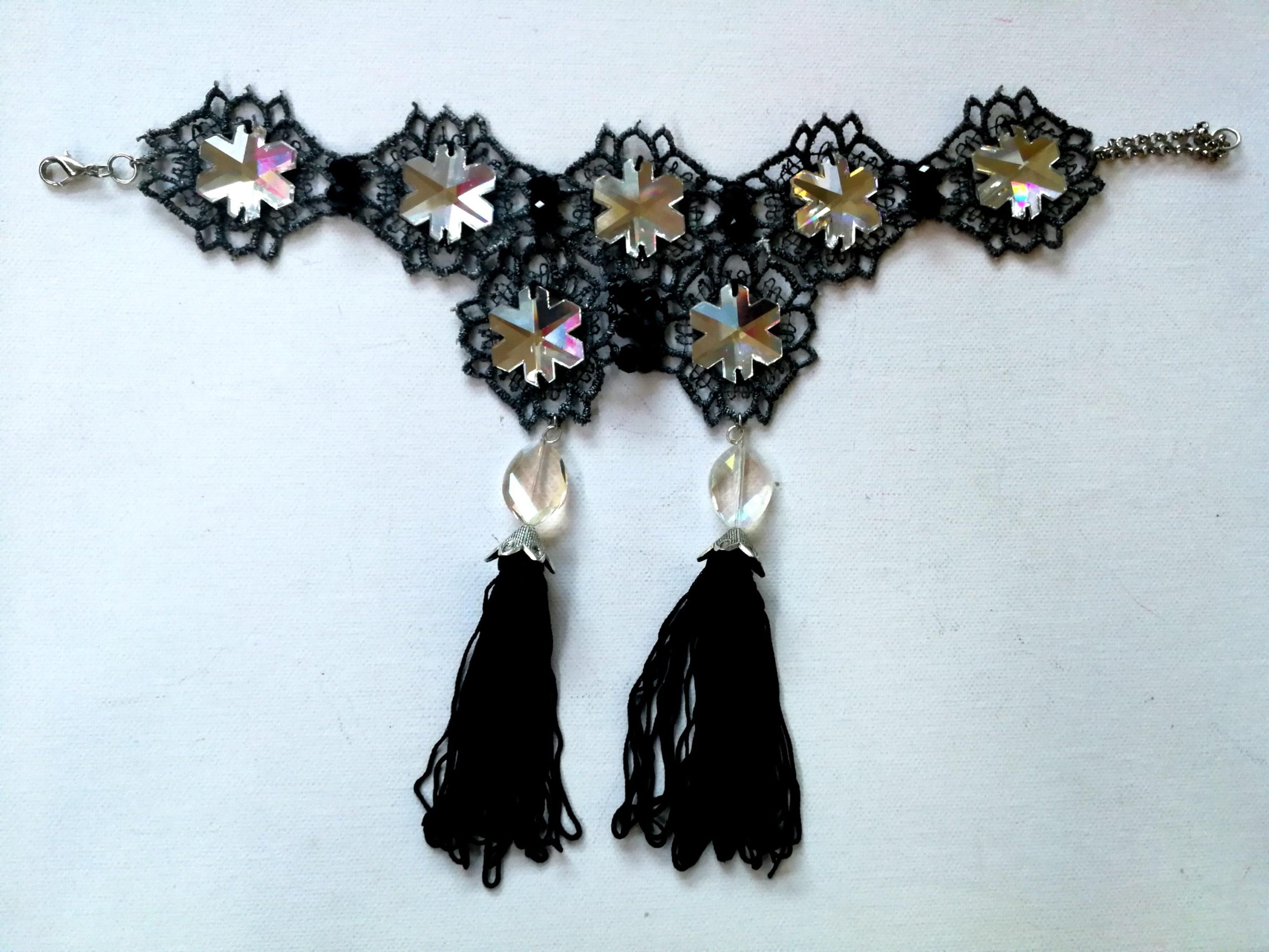 Maie Antoniette Collar, Strass Choker Jewelry, Embroidered Lace Crystal Bib, Victorian Baroque Necklace Tassel Charm