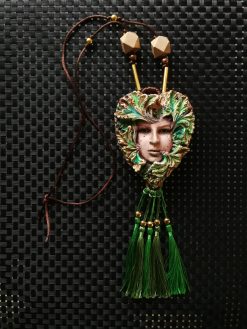Designer Jewelry, Chunky Pendant Forest Spirit Guide, Green Elf Little People Chunky Necklace Charm
