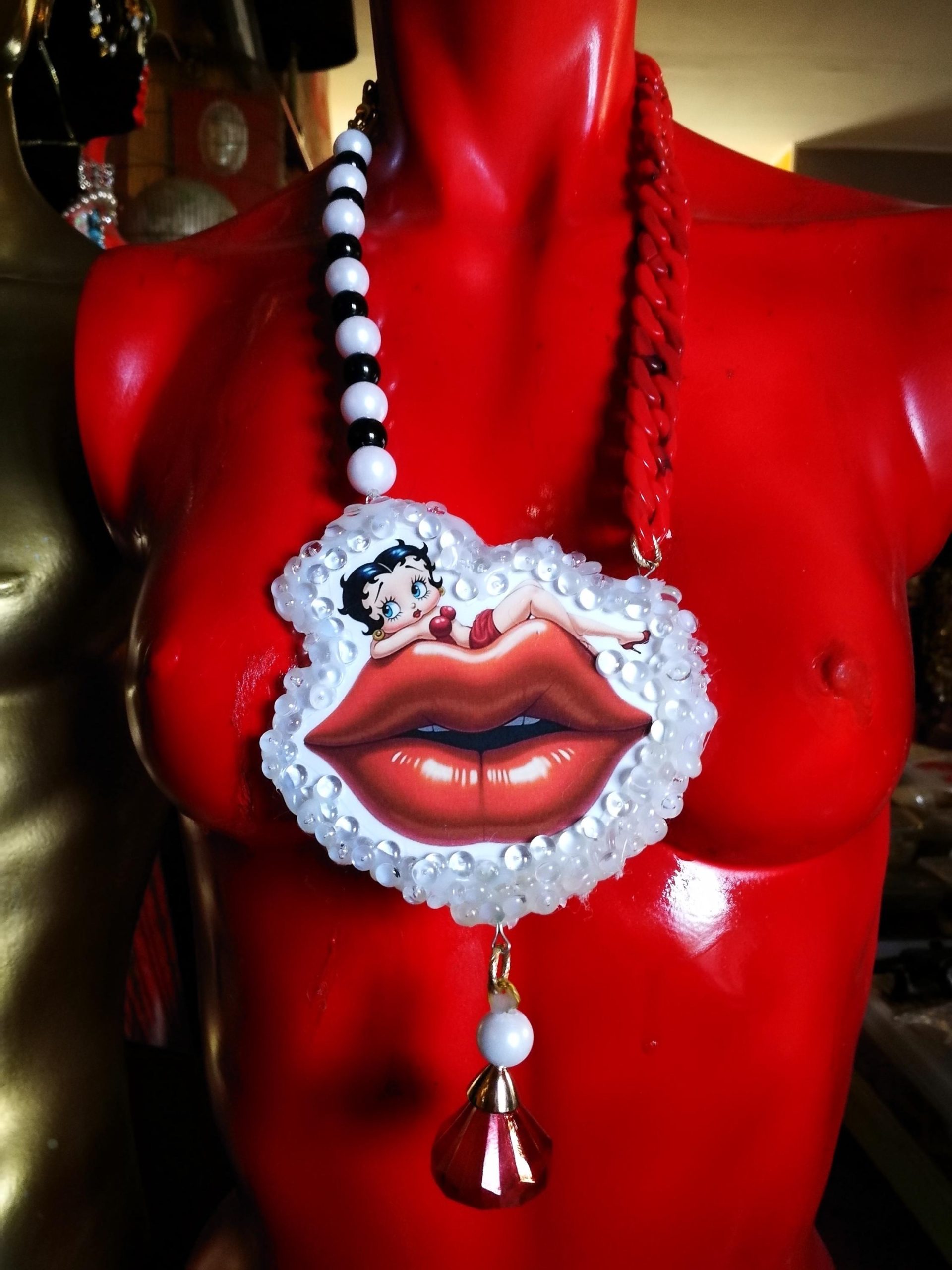 Betty Boop Figurine Whimsical Statement Necklace, OOAK Kiss & Lips Jewelry Old Hollywood Femme Fatale