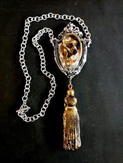 Art Deco Silver Pendant, Golden Music Ear, Brutalist Chain Locket