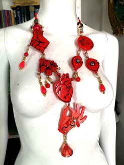 Red Anatomical Heart Statement Necklace, Evil Eye, Bee and Flower Charms