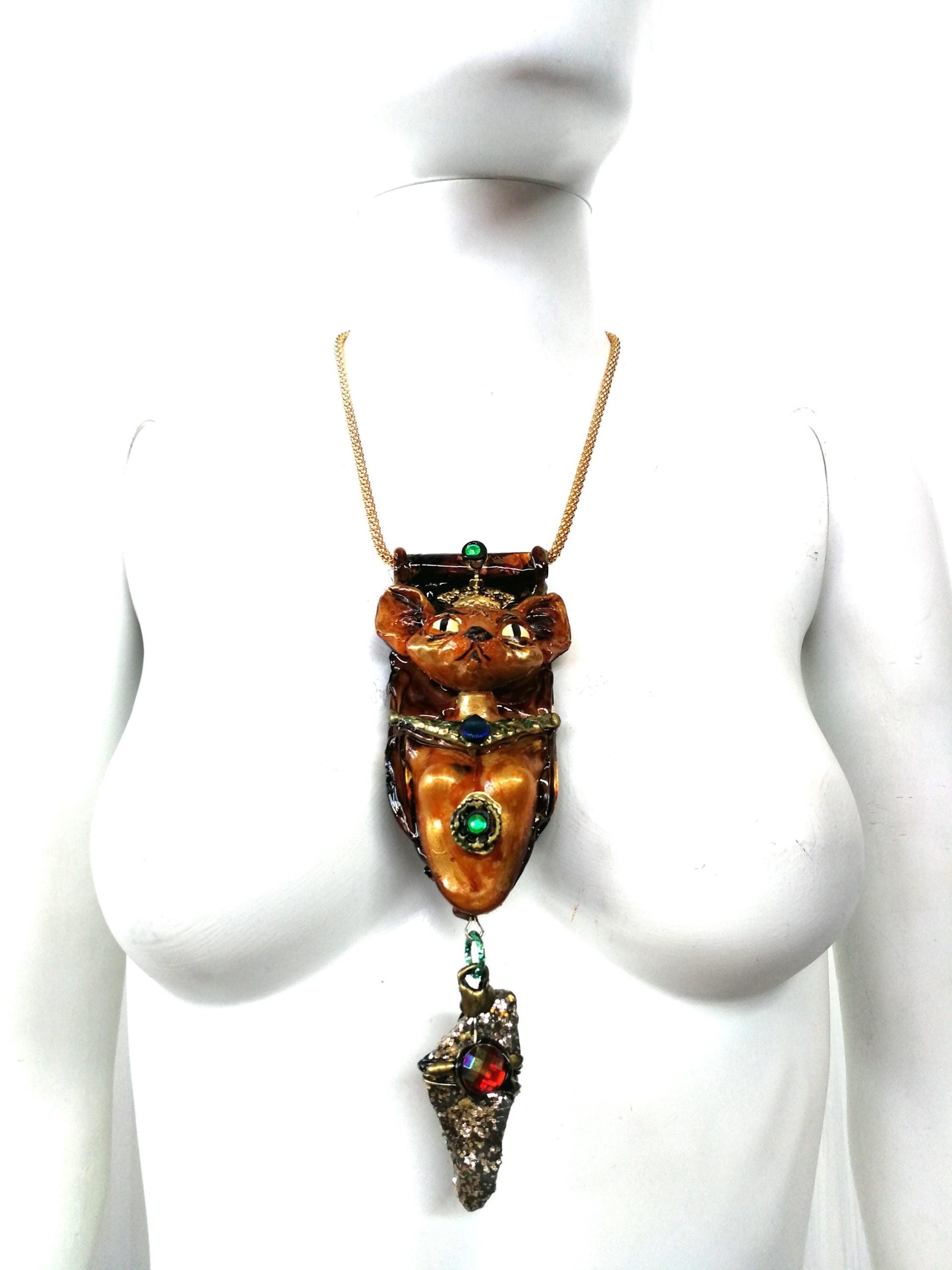 Handmade Bastet Cat Pendant, Belle Epoque Egyptian Revival Jewelry