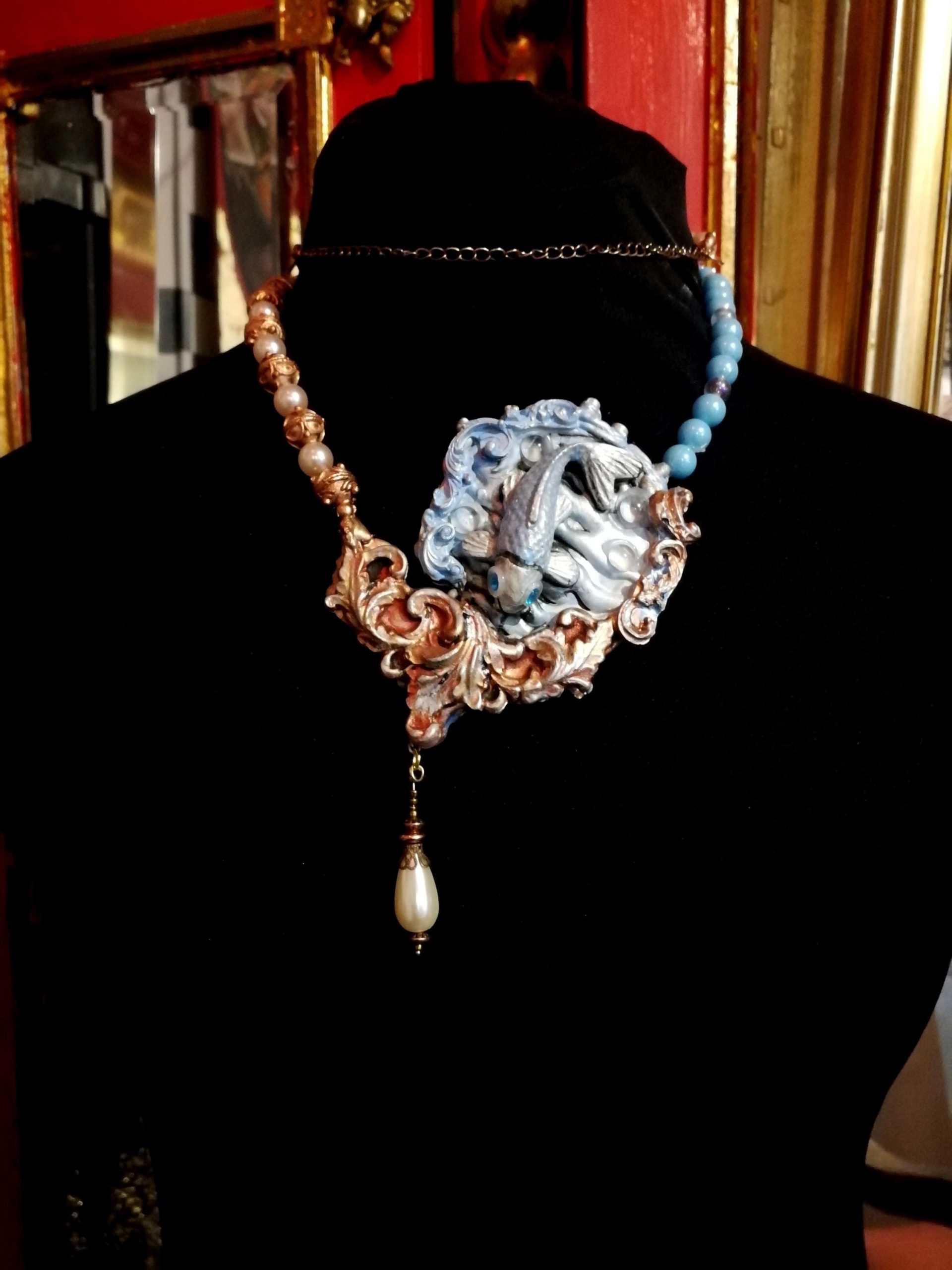 Art Deco Koi Fish Pearl Necklace, Handmade Sea Life Amulet