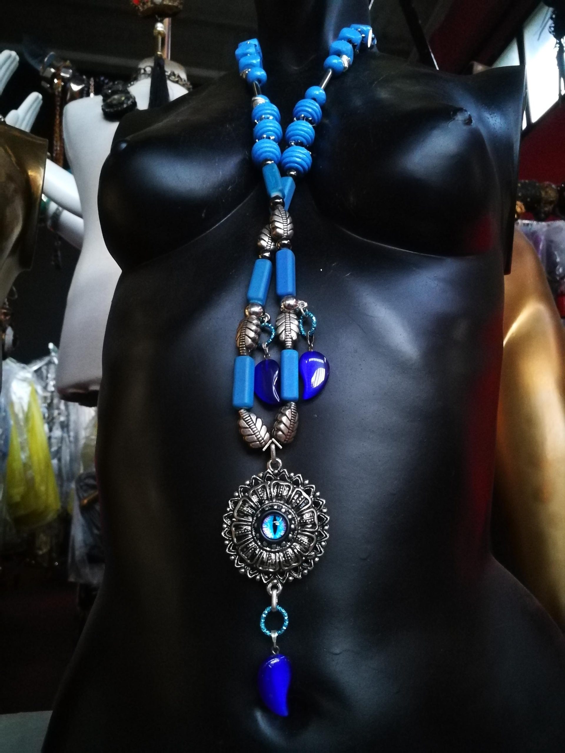 Turkish Evil Eye, Statement Pendant Good Luck Boho Ethnic Folk Jewelry Necklace Silver Charm