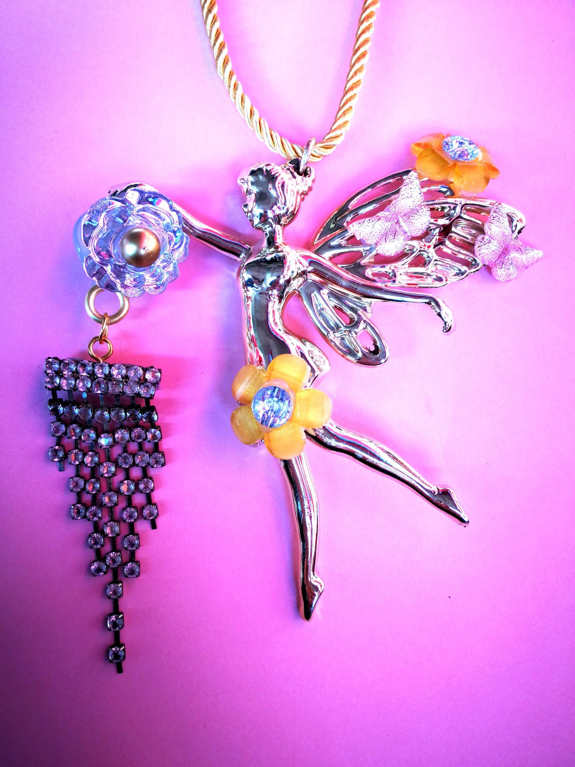 Fairy Wings Jewelry, Fairies Tale Golden Ballerina Butterfly Doll Pendant, Ballet Dance Figure Necklace