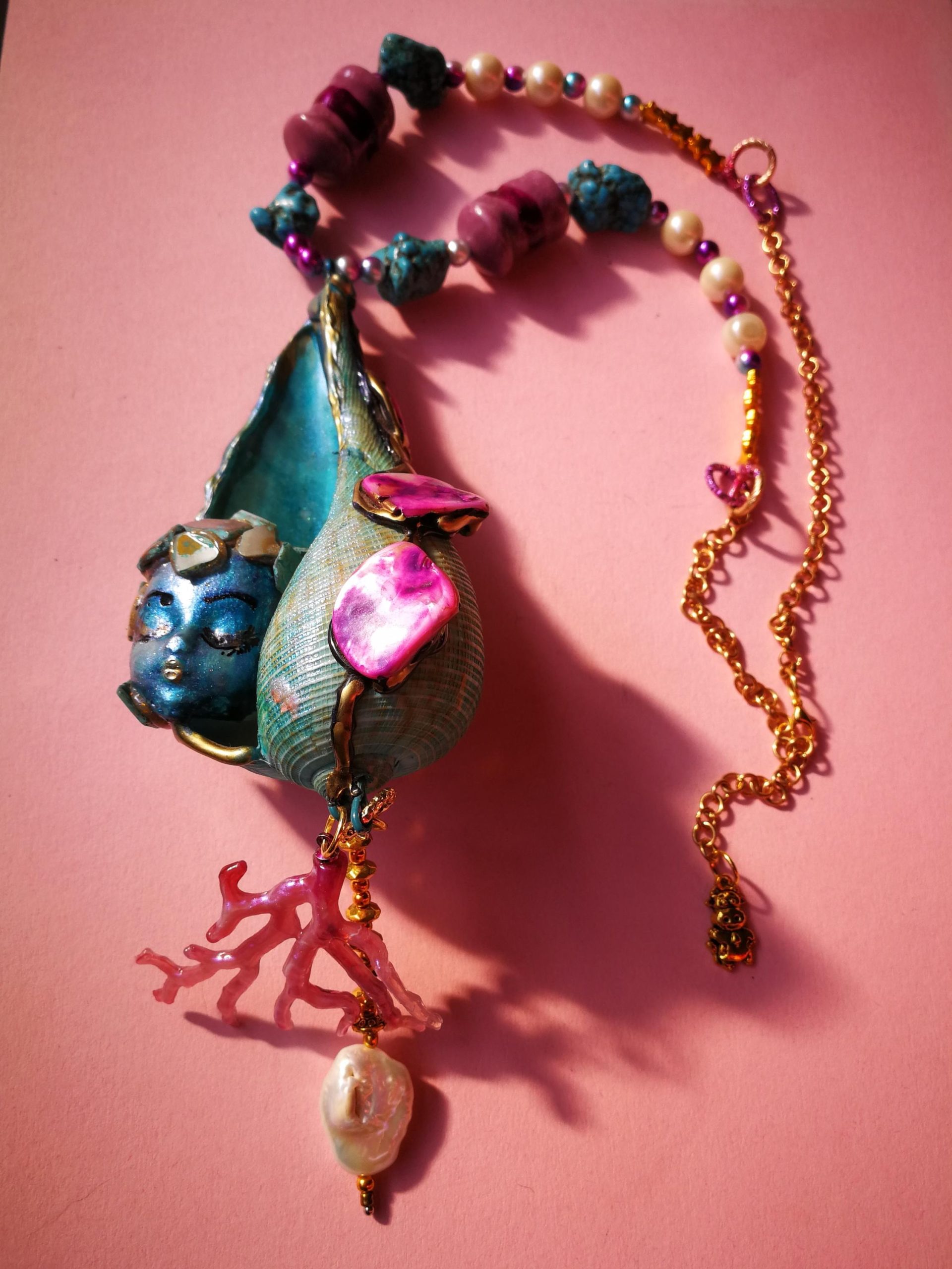 Turquoise Necklace, Puka Shell Stone Luxury Jewelry, Nautilus Pendant Seashell Natural Sea Conch & Cowrie