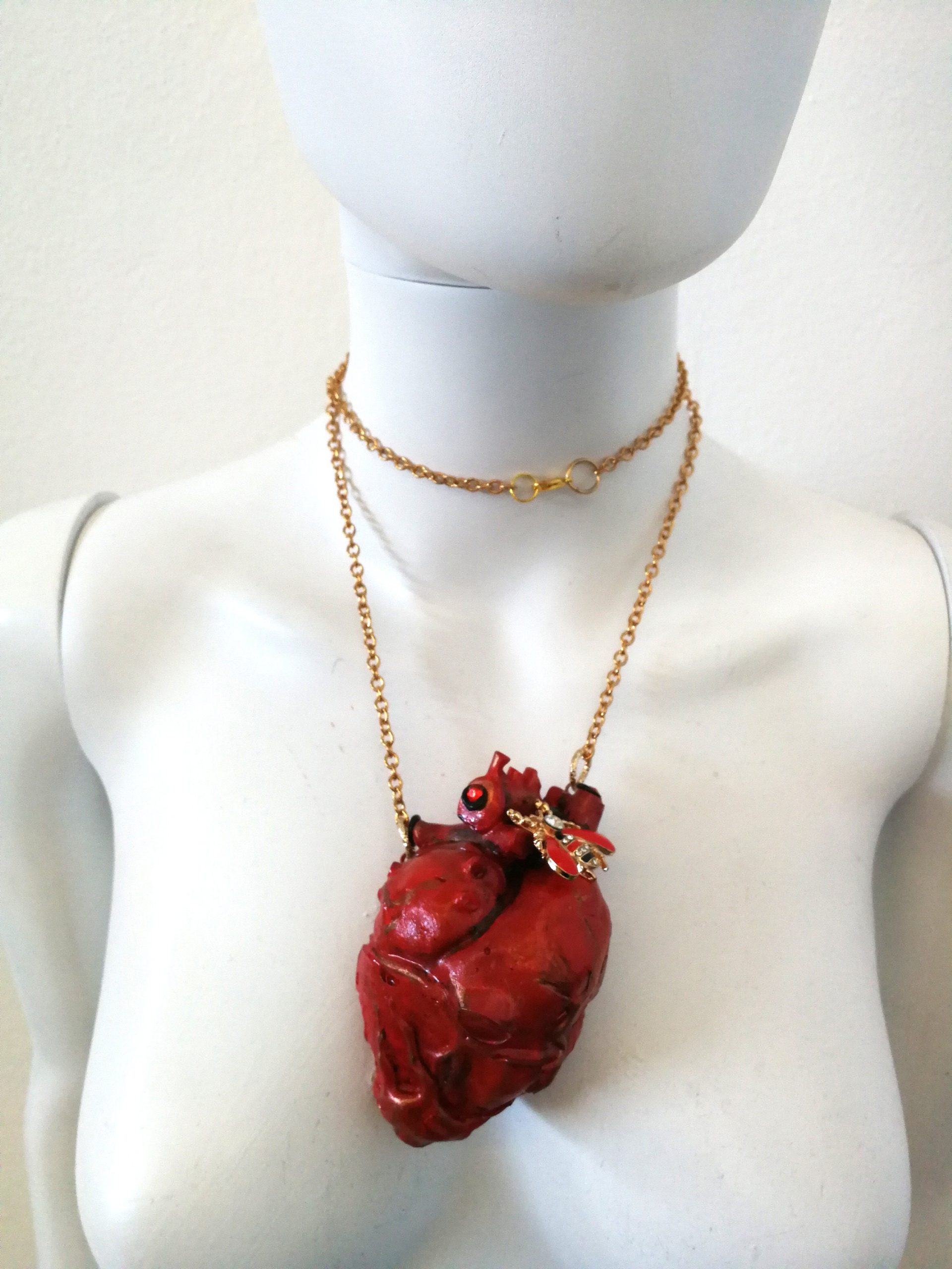 Anatomical Heart Red Necklace, Bee Nest Pendant Lucky Charm, Sculptural Statement Jewelry Choker Chain