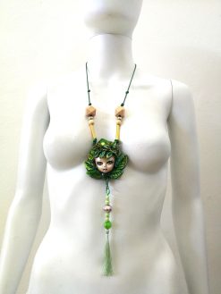 Mandragora Necklace, Statement Jewelry Doll Head Pendant, Leaves Greenery Forest Wild Plant, Mandrake Charm