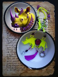 Rhinoceros Necklace, Designer Jewelry, Extravagant Pendant Animal Rhino, Whimsical Charm Beaded Oddities Locket Bib
