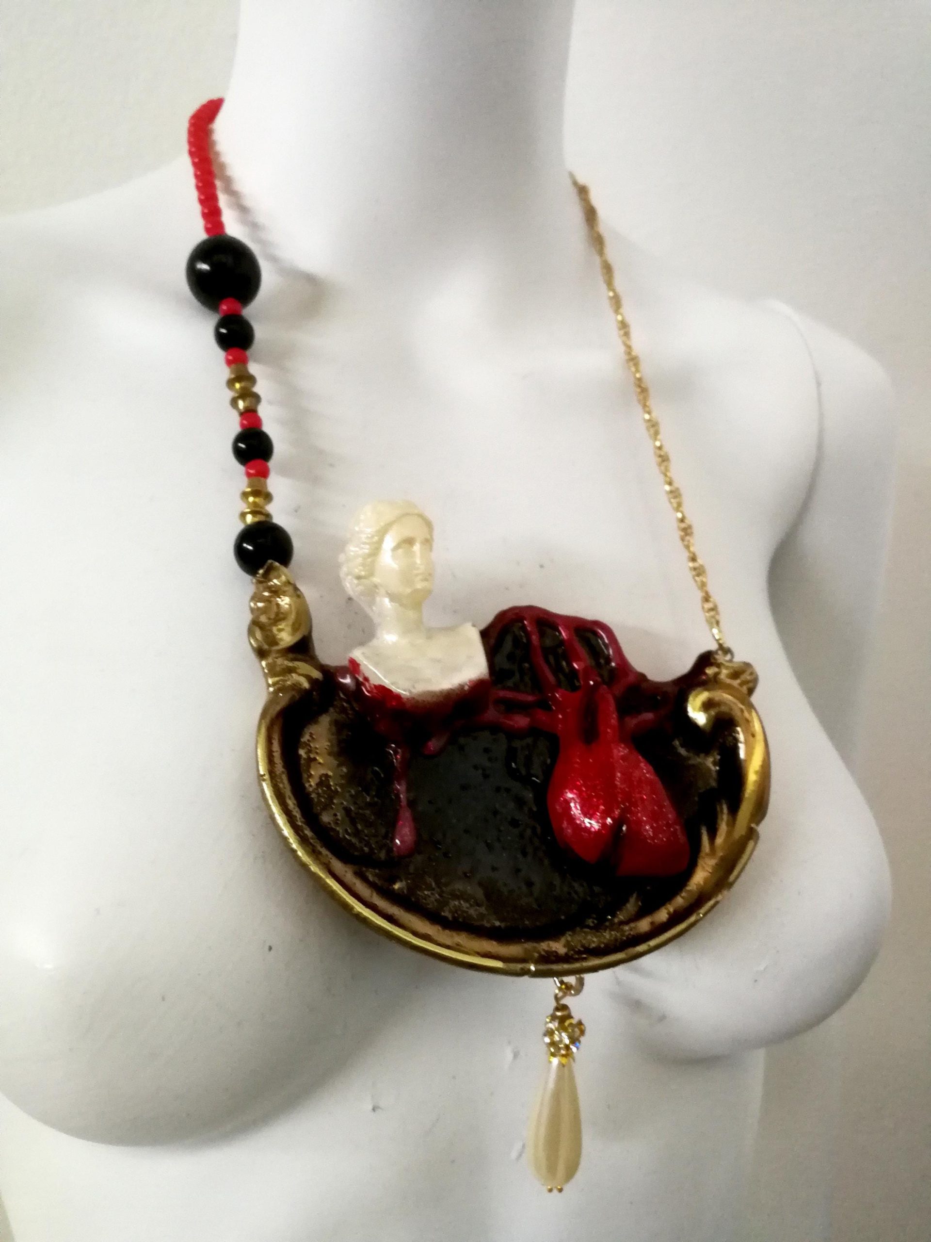 Brutalist Heart Pendant Necklace, Antique Statue, Pearl Jewelry
