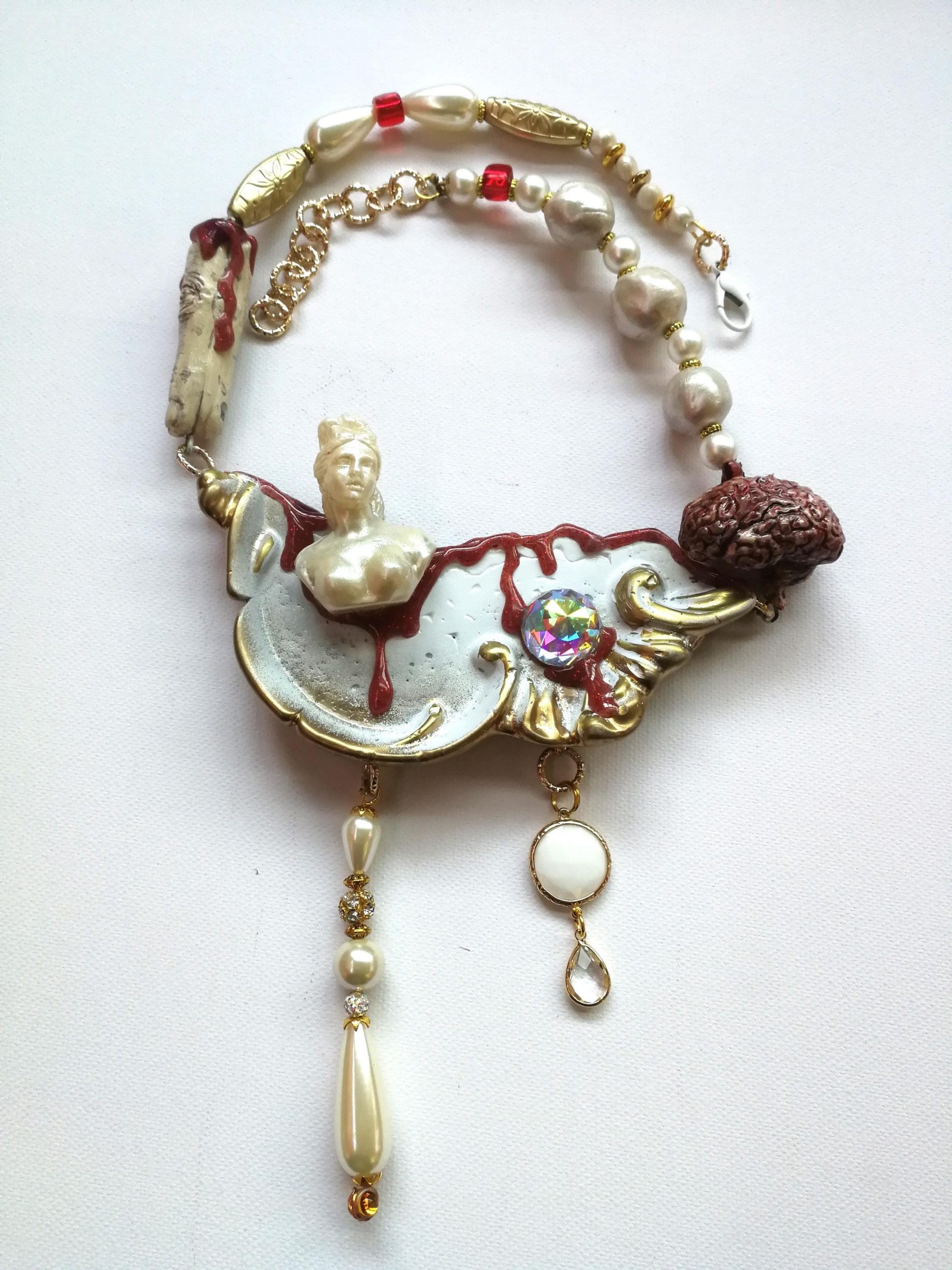 Brutalist Bib Necklace, Asymmetrical Statue, Brain Charm, Handmade Couture