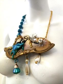 Brutalist Art Deco Bib Necklace, Doll Charm, Pearl Stone Pendant