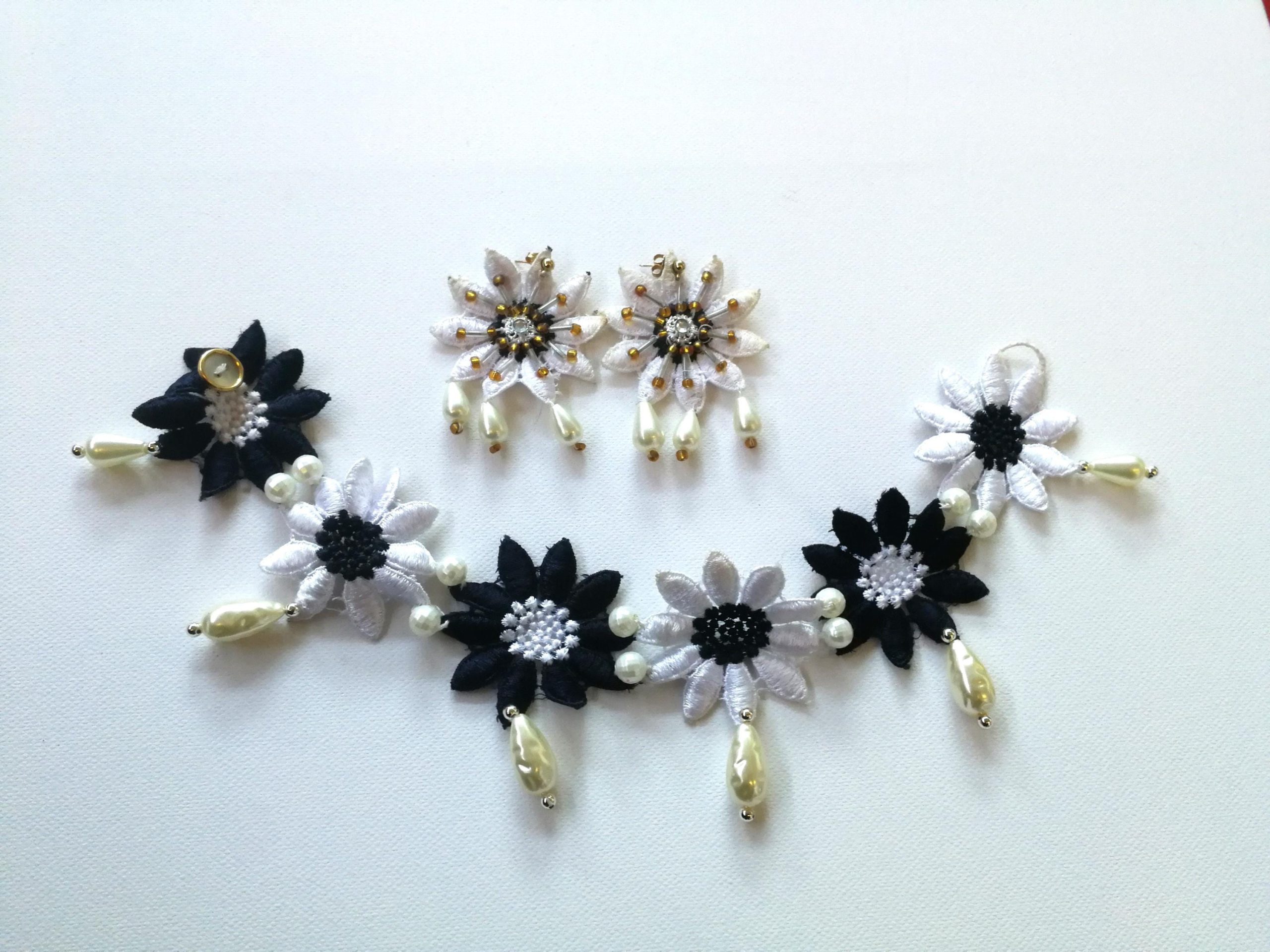 Bride Jewelry Set, Macrame Earrings Choker Embroidered, Pearl Wedding Accessories, Crochet Lace Flower Necklace