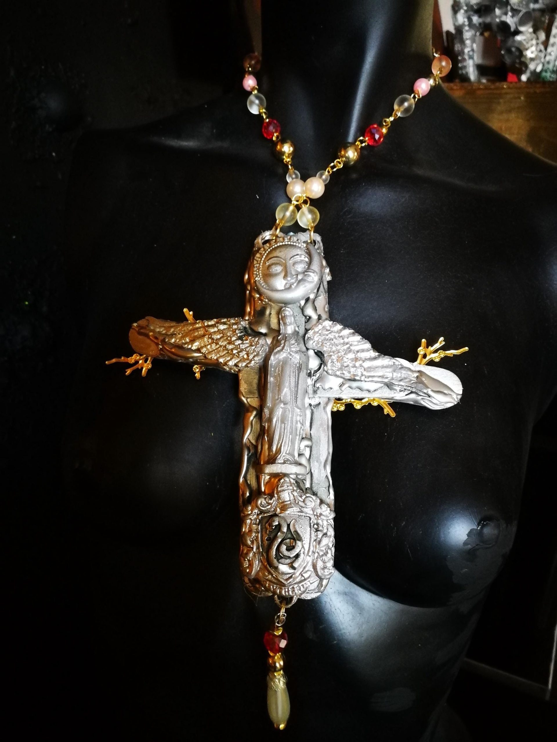 Baroque Virgin Mary Cross Pendant, Rococo Cherubim Bib Necklace
