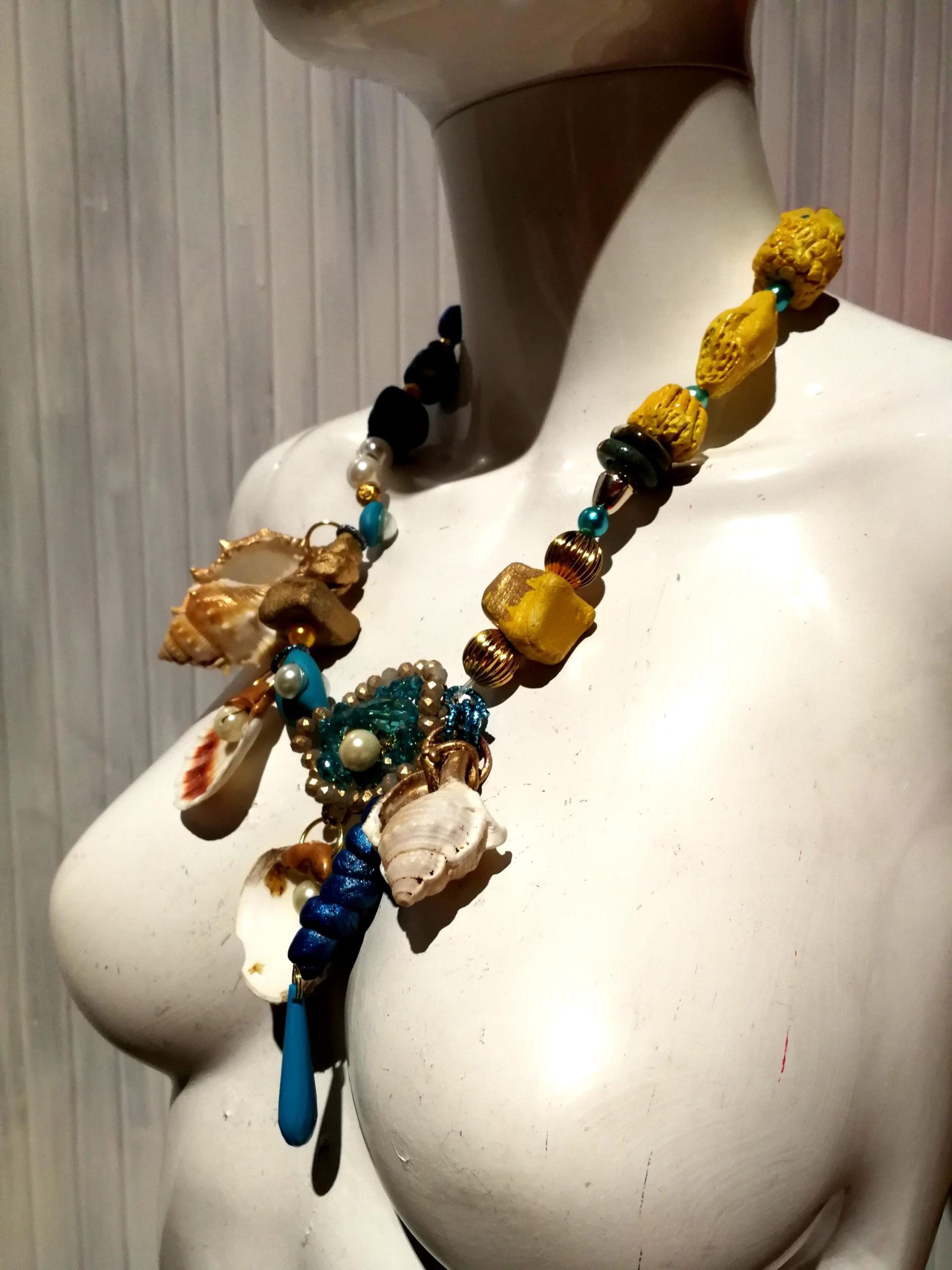 Puka Shell Necklace, Maximalist Design Luxury Statement Charm, Natural Seashell Conch Abalone & Ceramic Jewelry