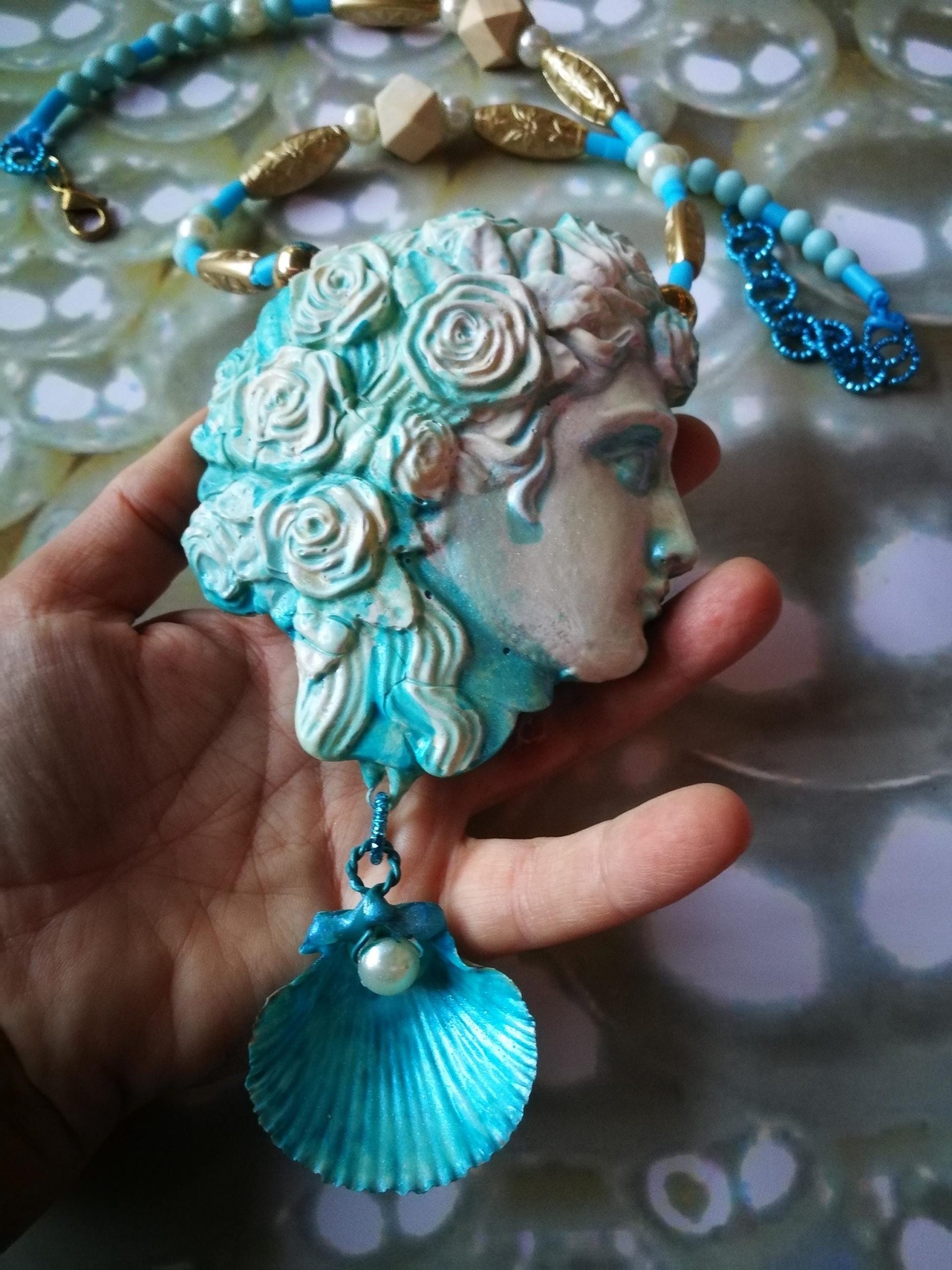 Greek Jewelry, Antique Mythology God Goddess Statue Sculpture Pendant, Big Bold Chunky Necklace Shell