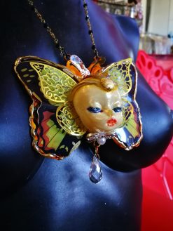Butterfly Necklace, Doll Head Pendant Statement Jewelry, Sculptural Liberty Belle Epoque Golden Age Charm