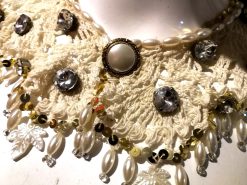Wednesday Addams Macrame Collar Choker, Embroidered Lace Bib, Crystals & Pearls