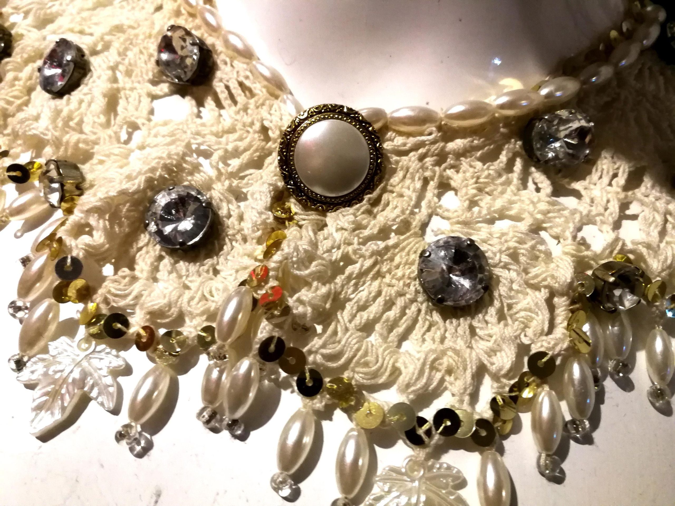 Wednesday Addams Macrame Collar Choker, Embroidered Lace Bib, Crystals & Pearls