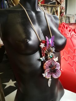 Art Nouveau Necklace, Flower Leaf Elegant Pendant, Jewelry Spider Insect, Butterfly Orchid Crystal Charm
