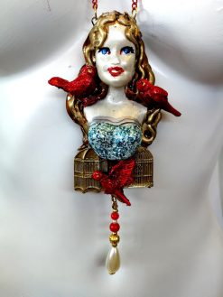 Belle Epoque Jewelry, Art Deco Doll Head Sculpture Pendant, Red Bird Cage Golden Liberty